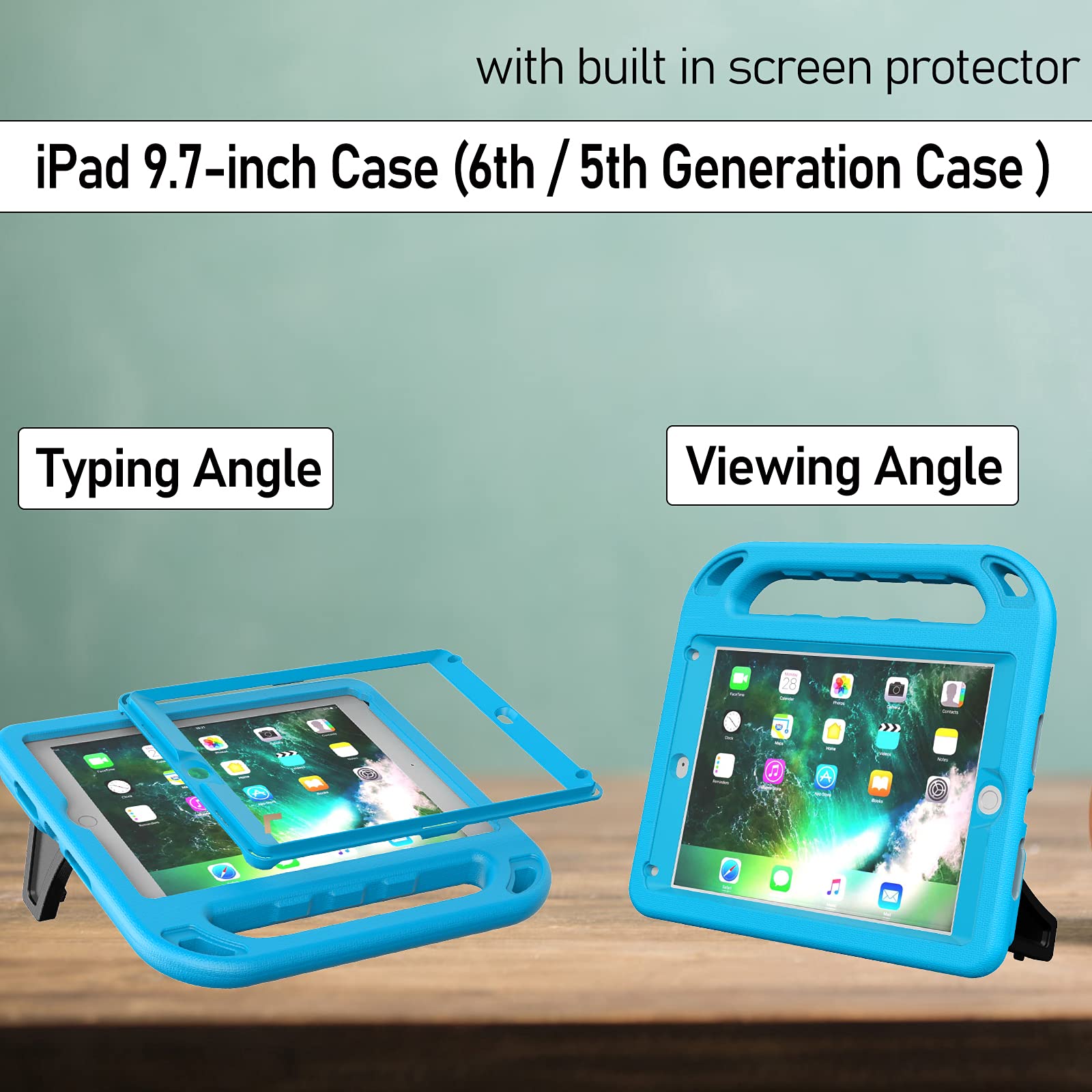 Kids Case for iPad 6th/5th Generation - iPad 9.7-Inch Case 2018/2017, iPad Air 2 Case for Kids, Built in Screen Protector, Shockproof Handle Stand Case for iPad 6th/5th Gen/Air 2/Air 9.7, Blue
