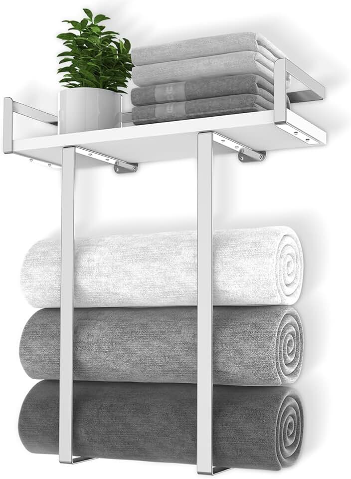 Wall-mounted metal towel rack with wooden shelf