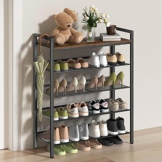 5-Tier Metal Shoe Rack with Wooden Top and Adjustable Shelves