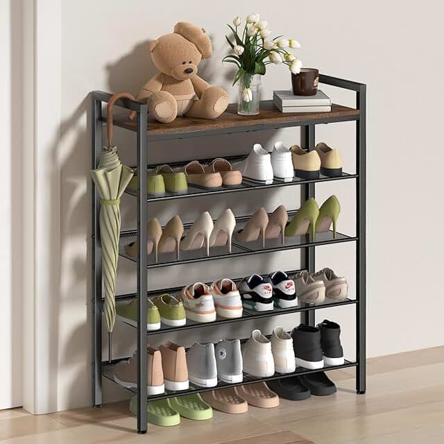 5-Tier Metal Shoe Rack with Wooden Top and Adjustable Shelves