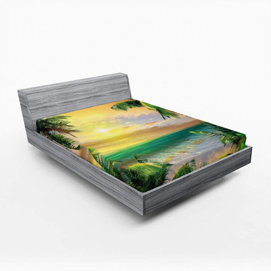 Mystic Fitted Sheet, Baldwin Beach with s and Clouds Palm Trees Natural Coastal Picture, Soft Decorative Fabric Bedding All-Round Elastic Pocket, Full Size, Yellow Green