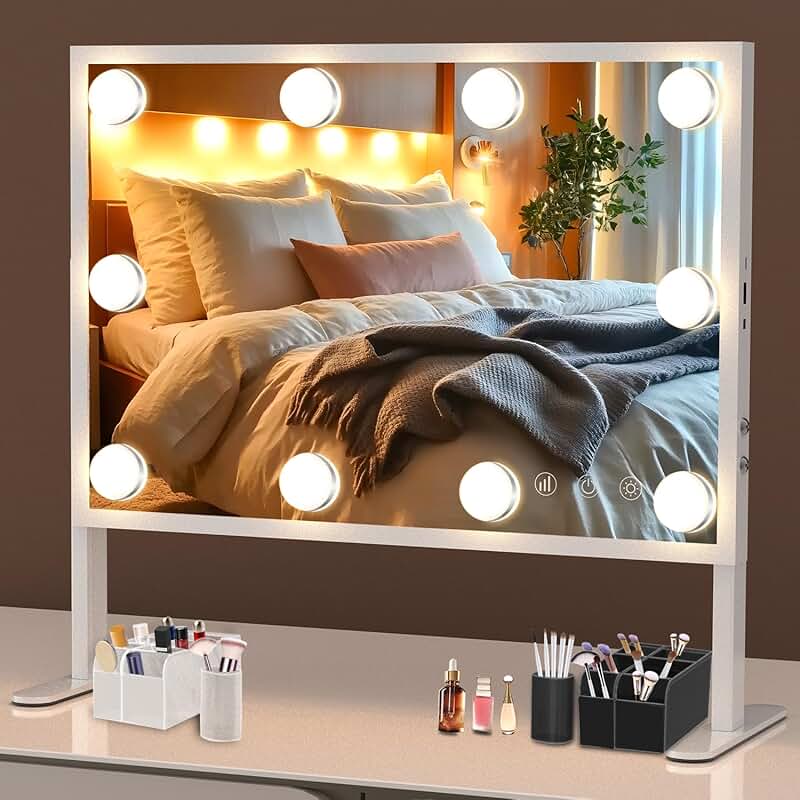 Lighted Vanity Mirror with Adjustable Brightness and Storage