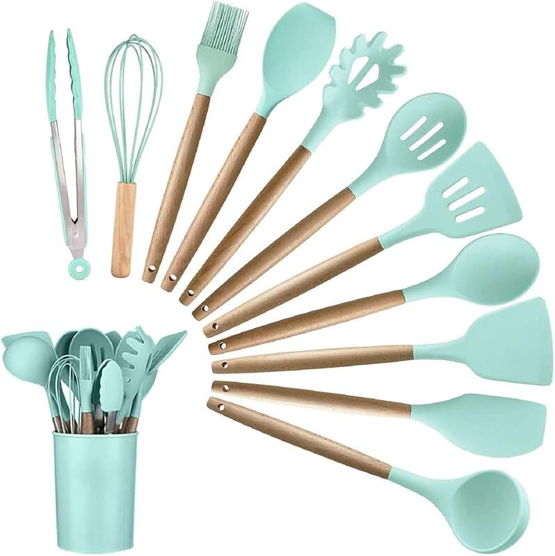 12-Piece Silicone Kitchen Utensil Set with Wooden Spoons