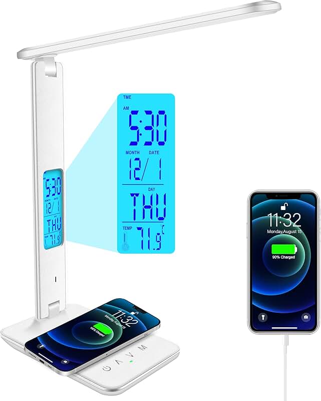 Dimmable Desk Lamp with Wireless Charger and Clock