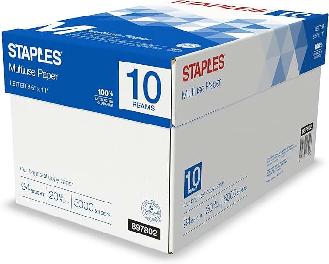 White 20 lb Copy Paper, 8.5 x 11 Inches, 10 Reams