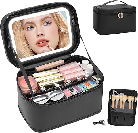 Travel Makeup Bag with Lighted Mirror and Organizer