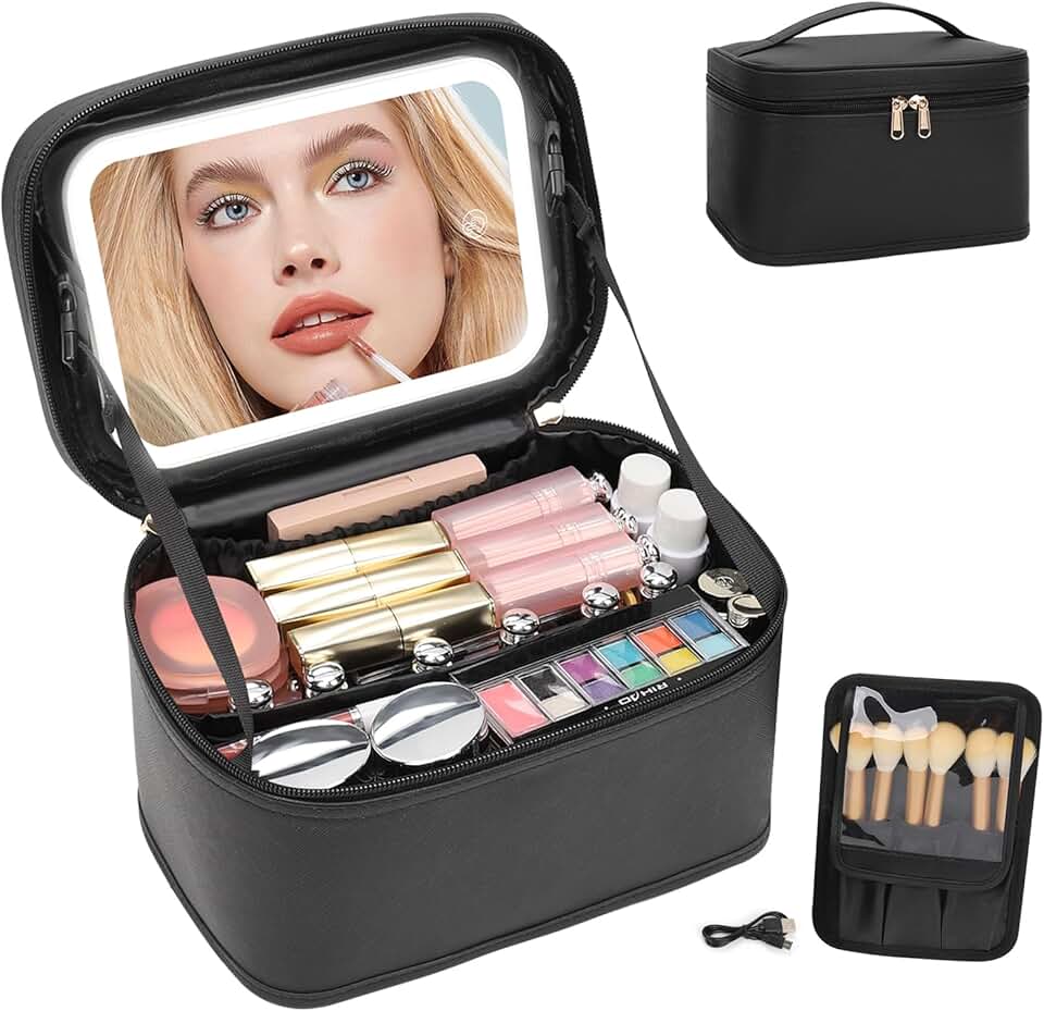 Travel Makeup Bag with Lighted Mirror and Organizer