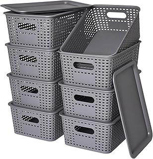 Set of 8 Gray Plastic Storage Baskets with Lids
