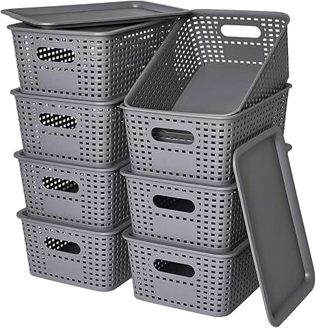 Set of 8 Gray Plastic Storage Baskets with Lids