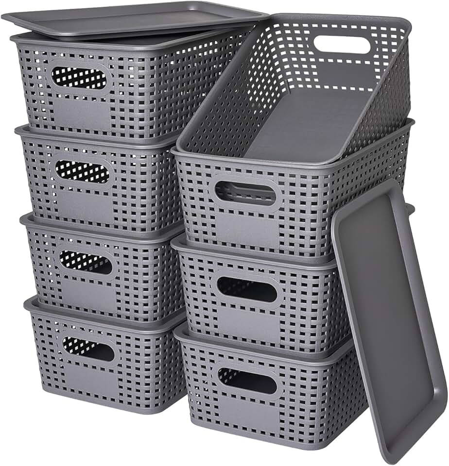 Set of 8 Gray Plastic Storage Baskets with Lids