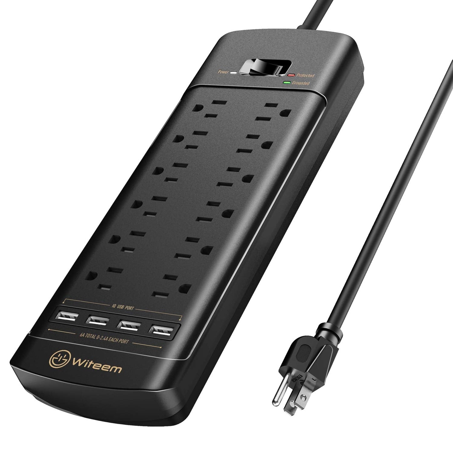 Power Strip, Surge Protector with 12-Outlet (1875W/15A,4360 Joules) and 4 USB Charging Ports (5V/6A,30W),6Ft Extension Cord,Wall Mountable Overload Protection Outlet for Home & Office, Black