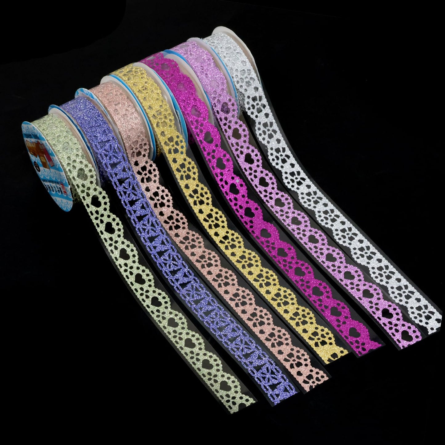 7 Rolls of Colorful Glitter Washi Tape with Lace Flower Pattern