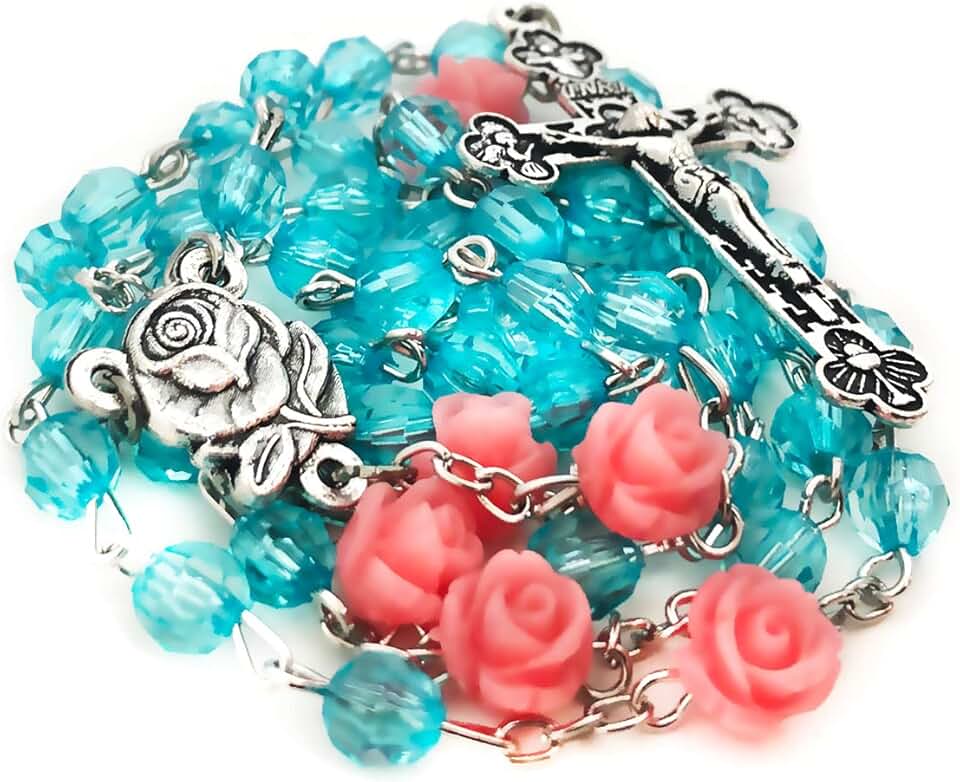 Turquoise and Pink Rose Crystal Rosary Beads for Women
