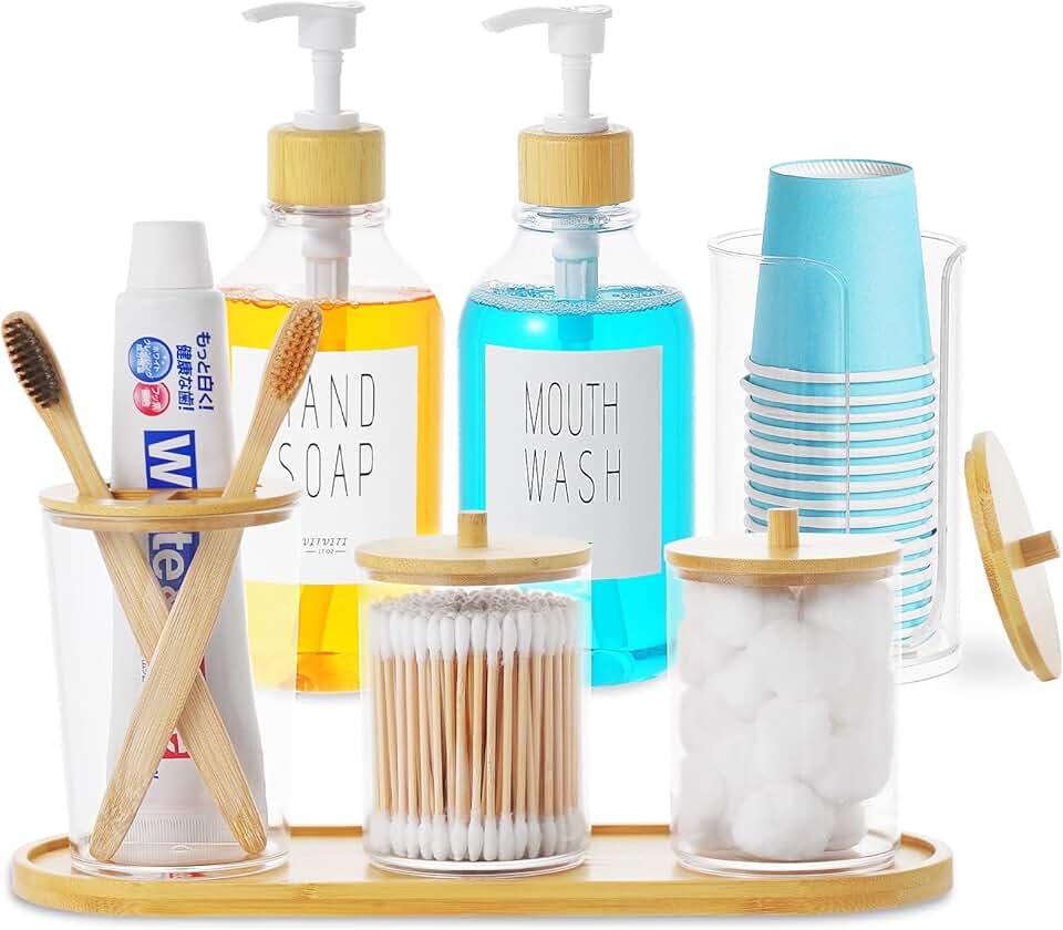Bathroom 7-Piece Dispenser Set with Bamboo Tray