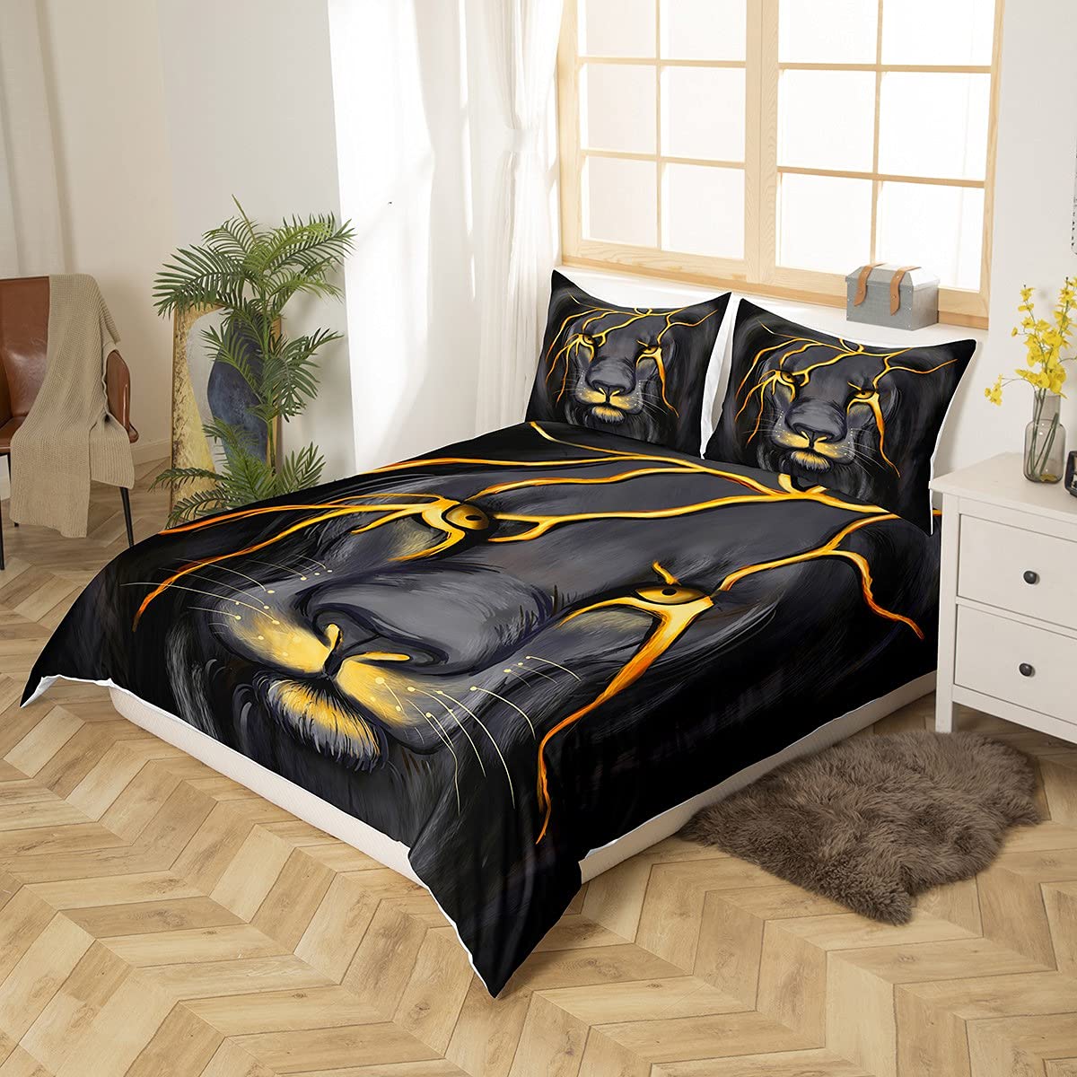Lion Bedding Animal Duvet Cover Set Queen Size Lightning Lion Pattern Comforter Cover 1 Lion Head Duvet Cover 2 Pillowcases,Grey Black Soft Microfiber Bed Cover for Teen Boys Young Man Decoration Room