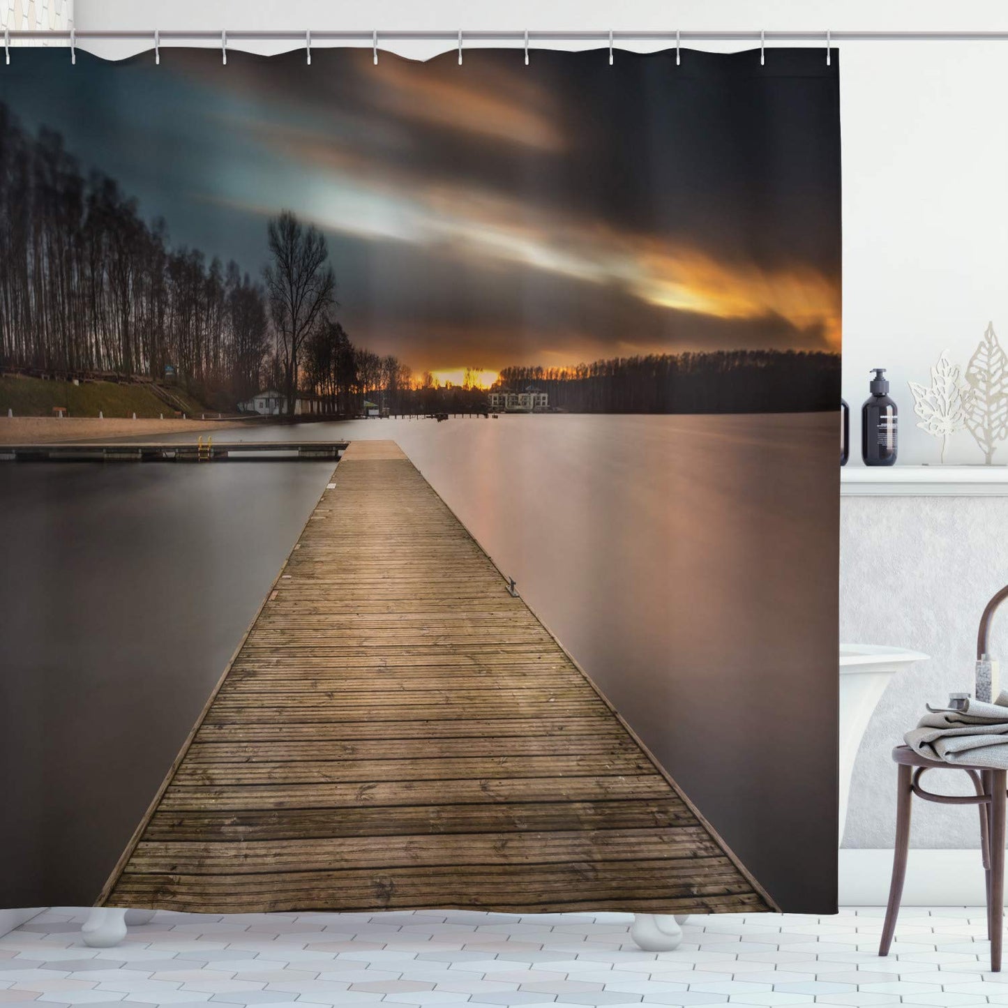 Landscape Shower Curtain, Lake Landscape with Jetty Cloudy and Dramatic Sky Scene at Sunset Image, Cloth Fabric Bathroom Decor Set with Hooks, 69" W x 84" L, Umber Black