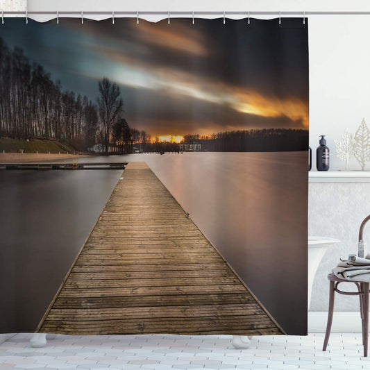 Landscape Shower Curtain, Lake Landscape with Jetty Cloudy and Dramatic Sky Scene at Sunset Image, Cloth Fabric Bathroom Decor Set with Hooks, 69" W x 84" L, Umber Black