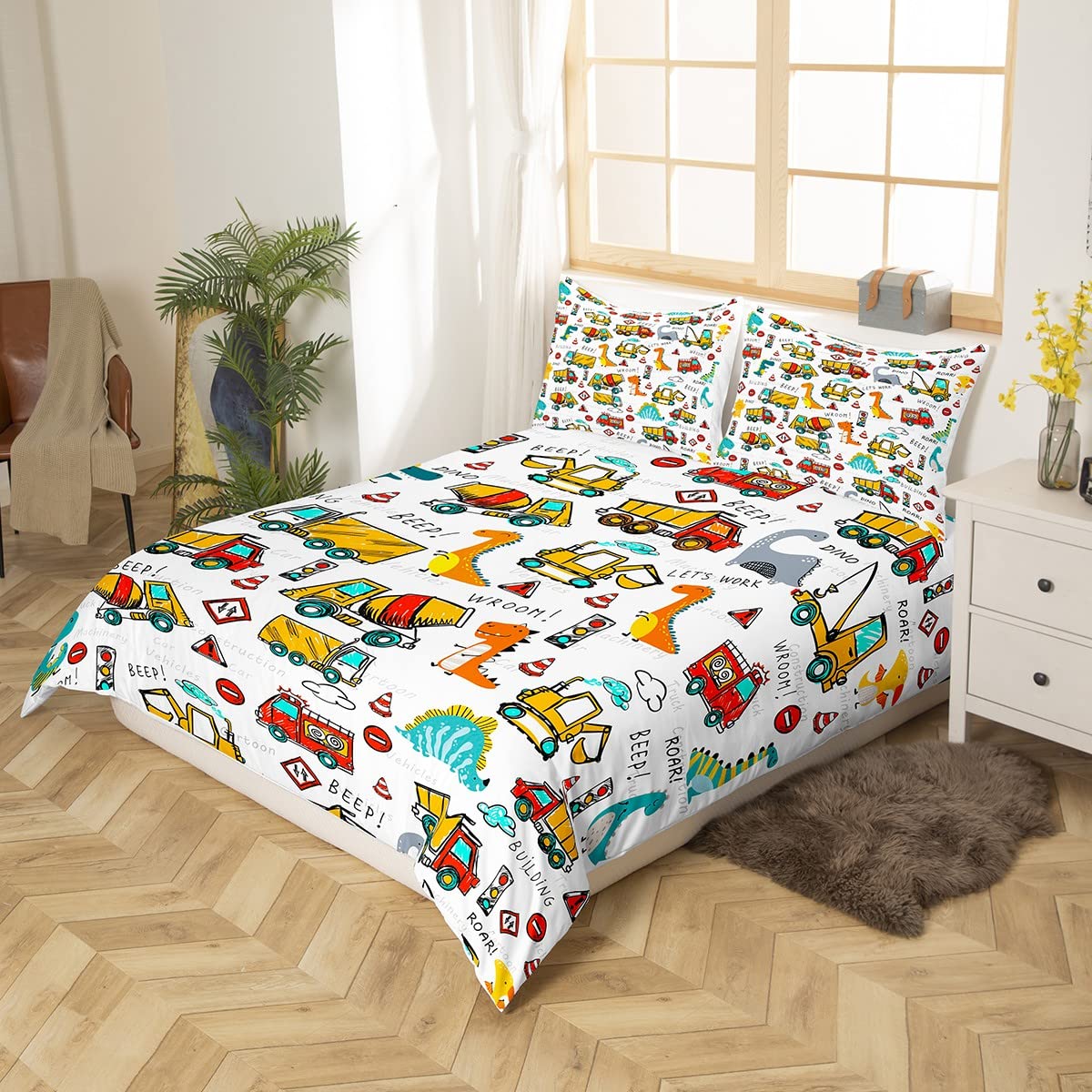 Dinosaur Bedding Duvet Cover Kids Cute Dino Construction Bedding Set Boys Girls Equipment Trucks Excavator Decor Comforter Cover Set Dinosaurs Machinery Cars Bedspread Cover White Bedroom Queen Size