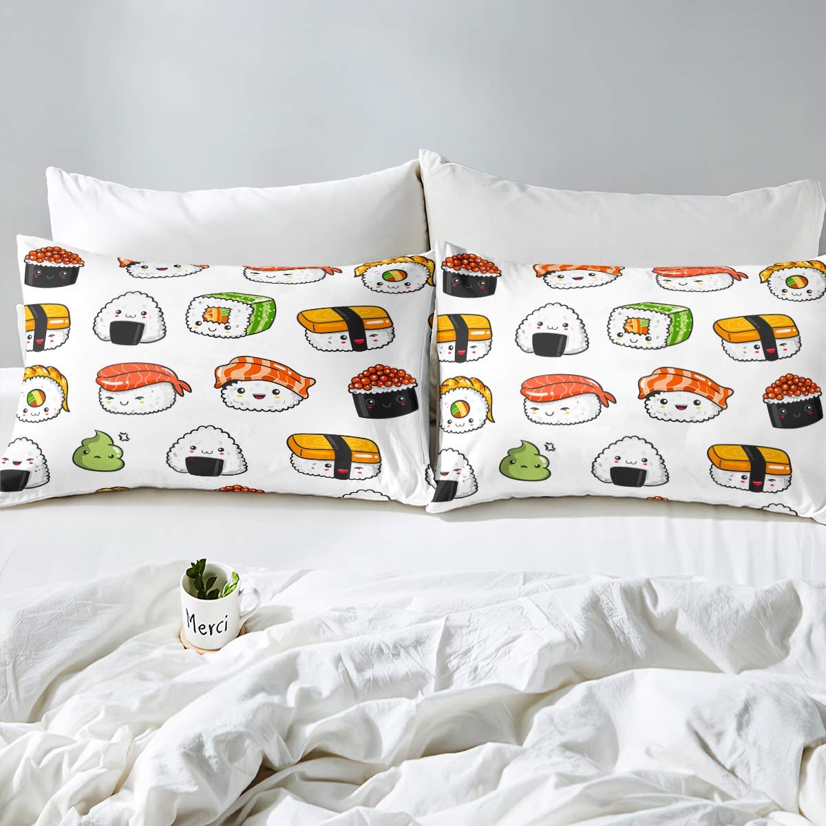Sushi Pattern Bedding Set Queen Size Kids Cute Bed Sheet Set for Girls Teens Bedroom Decor Cartoon Style Fitted Sheet Soft Microfiber K aii Bed Cover 1 Fitted Sheet  1 Pillow Case)