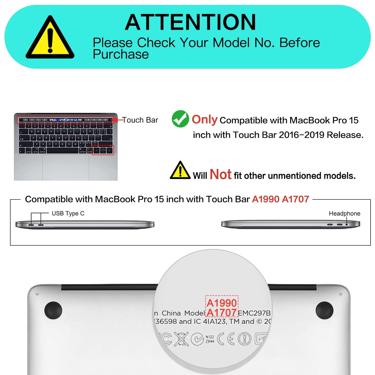 Compatible with MacBook Pro 15 inch Case 2019 2018 2017 2016 Release A1990 A1707 with Touch Bar, Plastic Hard Shell Case & Keyboard Cover & Screen Protector & Storage Bag, Black