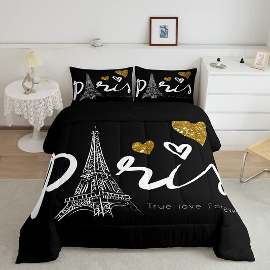 Eiffel Tower Bedding Set French Paris Comforter King Romantic Themed Bedding Sets  s Black and White Quilt Set Love Heart Decoratives 3 Piece Bed Set with 2 Pillow Sham, Soft