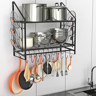 28-Inch Wall-Mounted Pot Rack with Hooks and Lid Holders