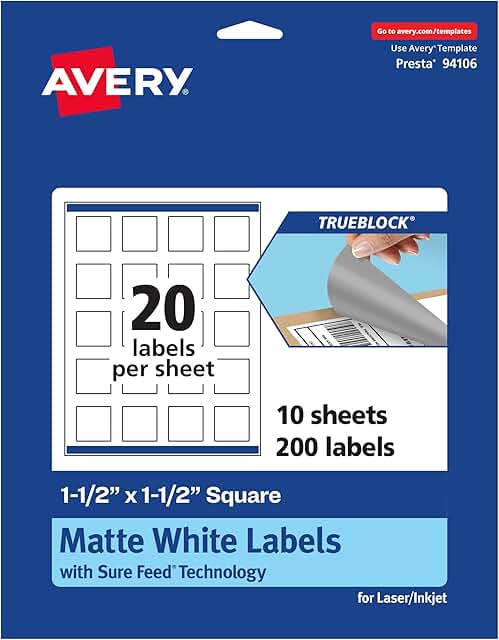 Matte White Square Labels, 1.5" x 1.5", 200 Pack