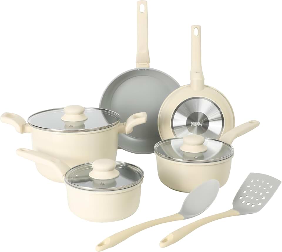 10-Piece Nonstick Ceramic Cookware Set in Linen White and Grey