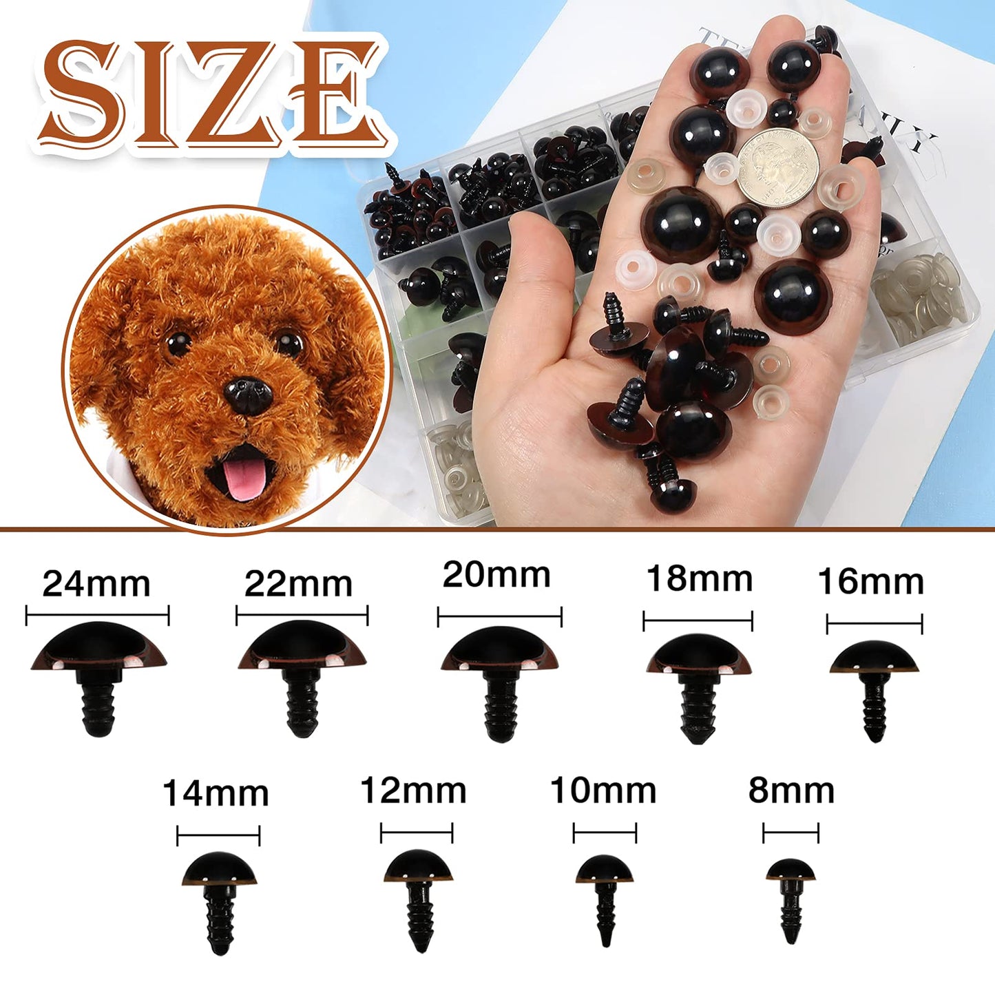 150 Assorted Brown Plastic Safety Eyes with Washers (8-24mm)