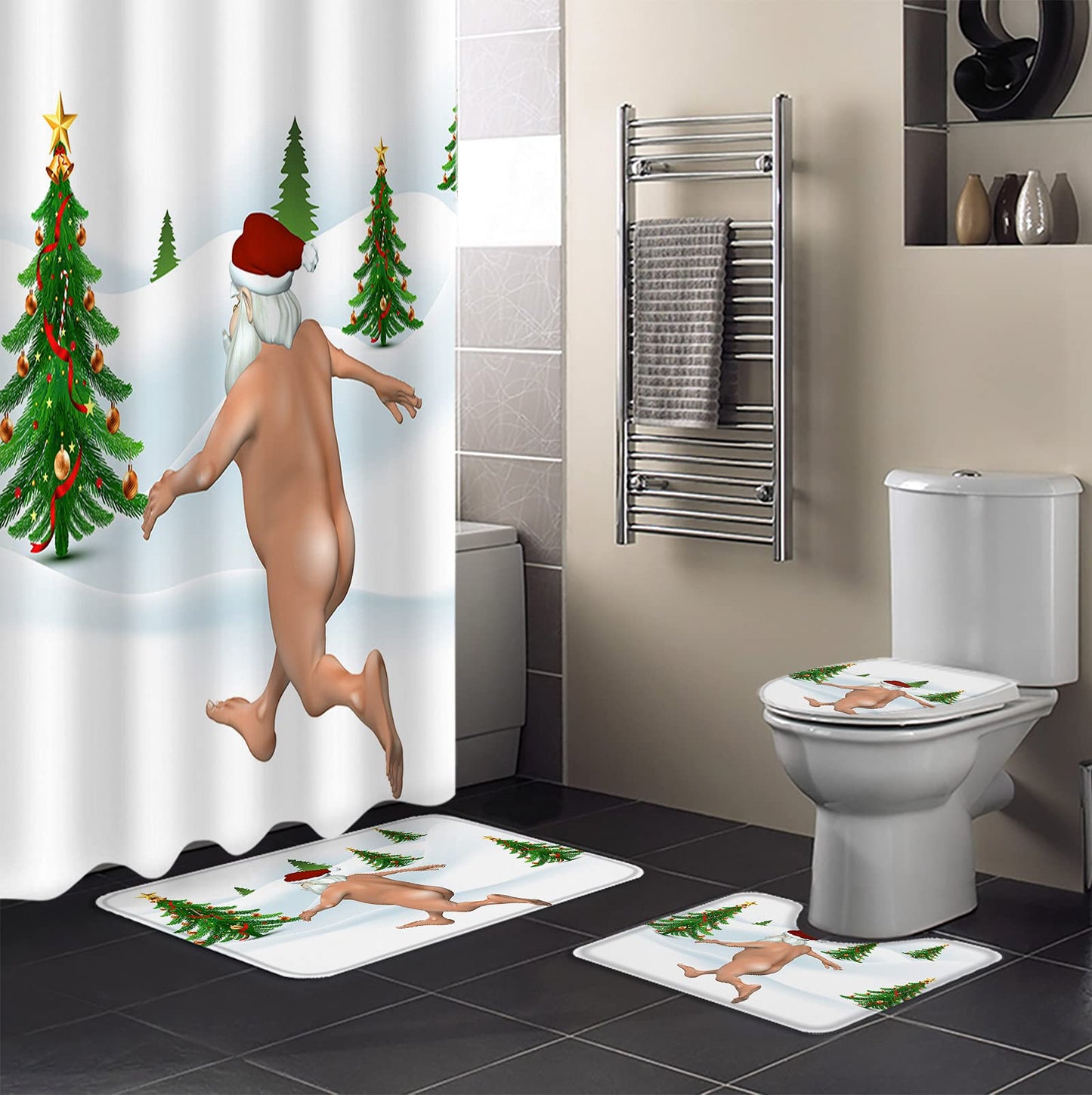 Shower Curtain and Rugs Set for Bathroom, Funny Xmas Santa Claus Trees Waterproof with 12 Hook, Absorbent Non-Skip Tet Lid Cover Set, Green, 36x72''+18x30''+14x18''+15x18''