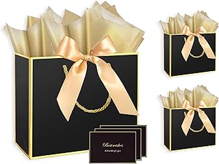 Set of 3 Large Black Gift Bags with Tissue, Ribbon, and Cards