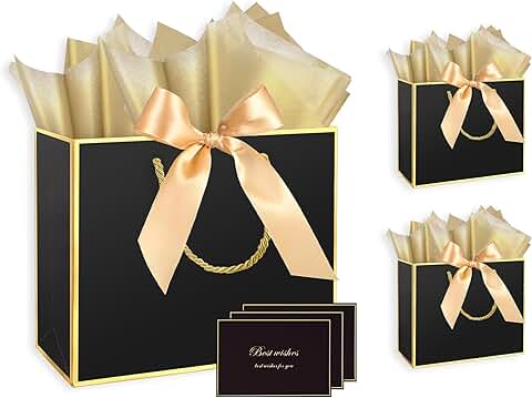 Set of 3 Large Black Gift Bags with Tissue, Ribbon, and Cards
