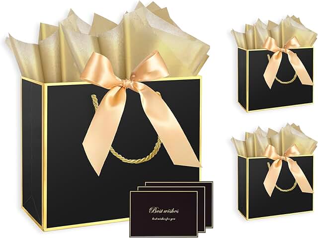 Set of 3 Large Black Gift Bags with Tissue, Ribbon, and Cards