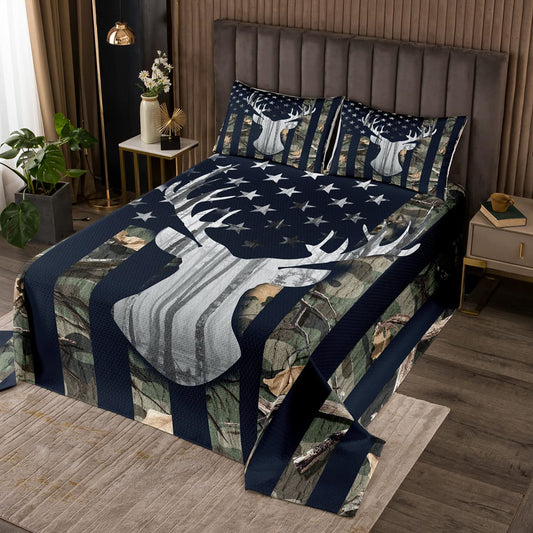 Camouflage USA Flag Coverlet Set Twin Size,Green Camo Grey Deer Antlers and Trees Quilted Coverlet for Kids Children Room, Flag Modern Bedspread 2 Piece Quilt Set with 1 Pillow Sham