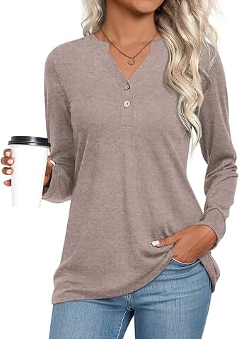 Women's Long Sleeve Dressy Casual Henley V-Neck Blouse