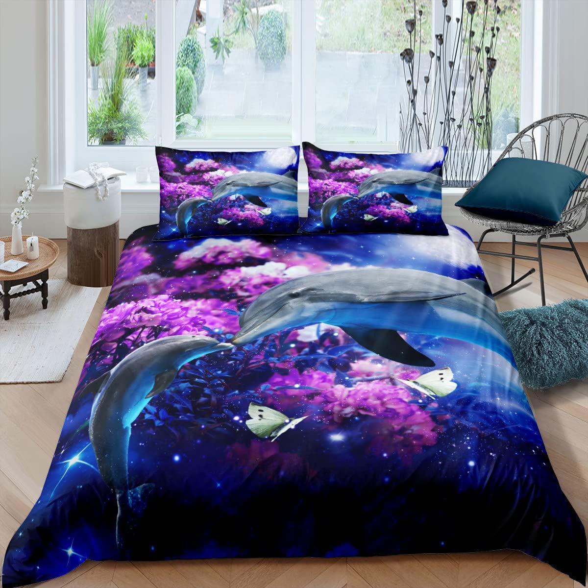 Cute Dolphin Duvet Cover Set Twin Size Purple Flower Print Comforter Cover Sea Animal Theme Bedding Set 2pcs for Kids Boys Girls Room Decor, Underwater Sealife Bedspread with 1 Pillowcase