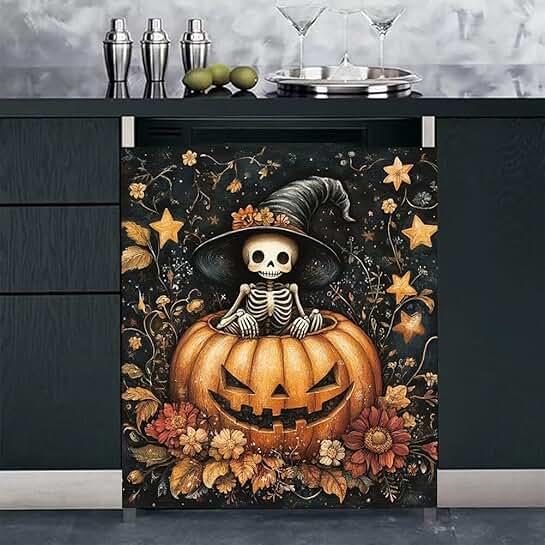 Halloween Pumpkin and Skeleton Magnet Cover for Refrigerator