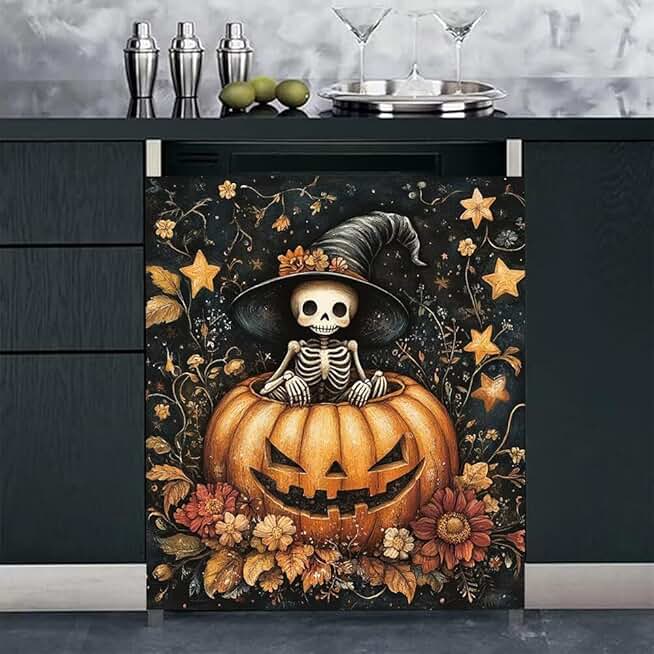 Halloween Pumpkin and Skeleton Magnet Cover for Refrigerator