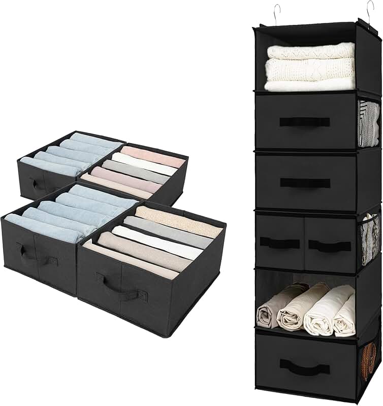 Bundle of 1 Hanging Closet Organizer and 4 Storage Bins