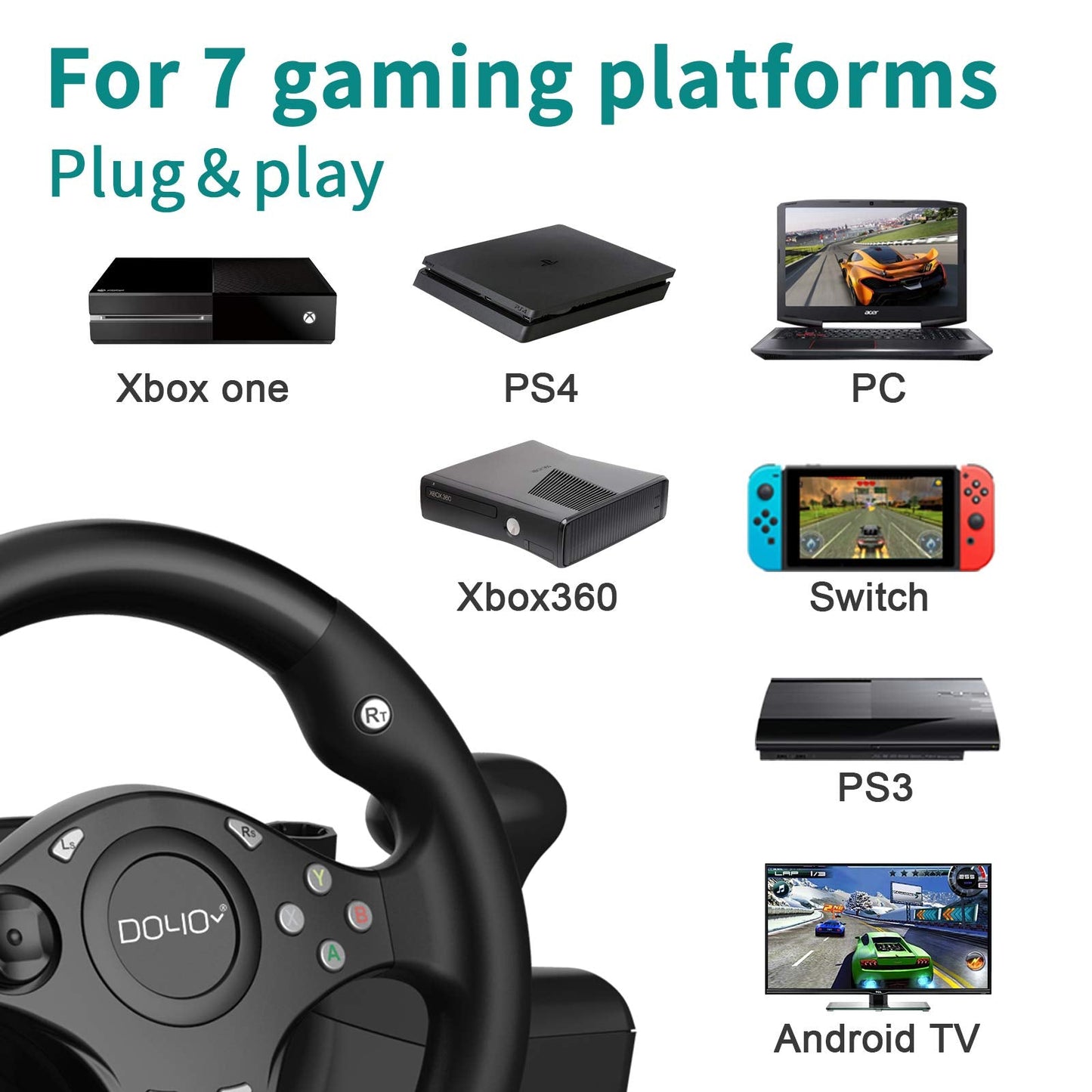 Gaming Racing Wheel Xbox One Steering Wheels Driving Sim Car Simulator Volante PC Pedals and Paddle Shifters for PC, Xbox Series X S, Xbox360, PS4, PS3, Switch, Android TV