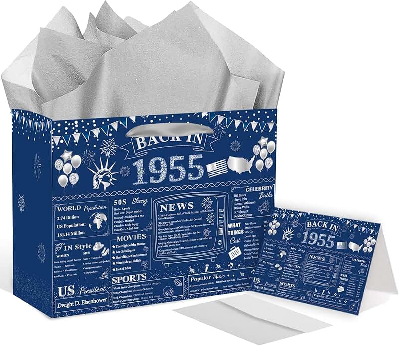 Vintage 1955 70th Birthday Gift Bag Set with Card and Tissue