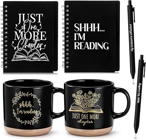 Set of 10 book-themed gift items including mugs, notebooks, pens, and cards