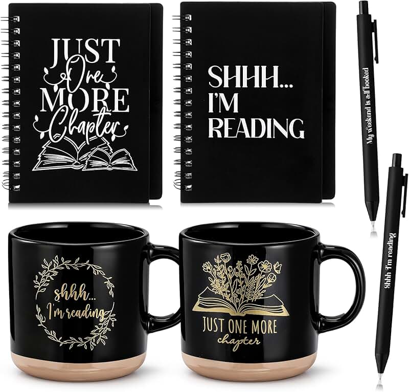 Set of 10 book-themed gift items including mugs, notebooks, pens, and cards