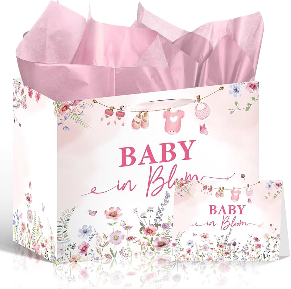 Baby in Bloom Gift Bag with Pink Wrapping and Card