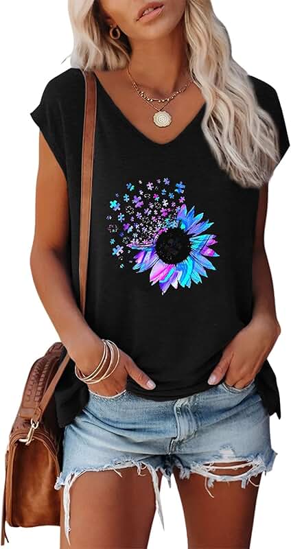 Cap Sleeve Women's Graphic V-Neck Casual T-Shirt
