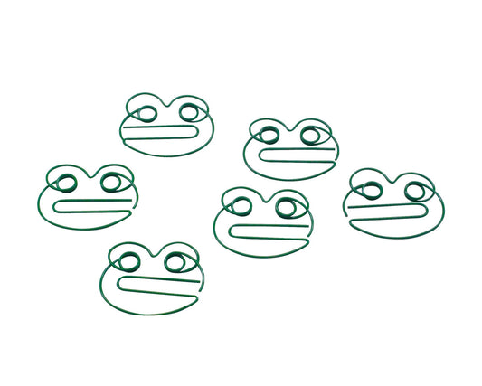 Green frog-shaped paper clips in round tin, 100 count
