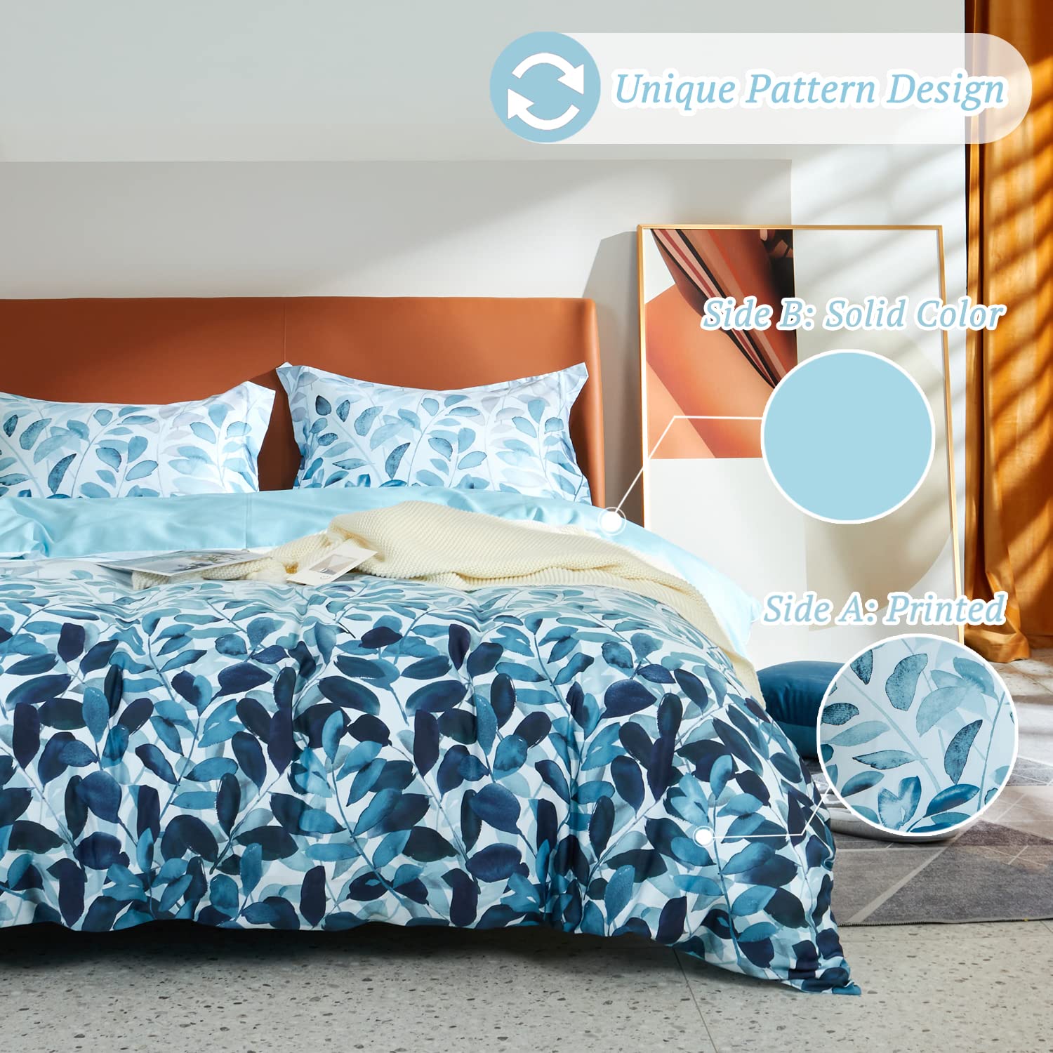 100% Duvet Cover Set 3pcs Gradient Blue Leaf Bedding Set with Zipper Closure  Corner Ties  Nero 1 Duvet Cover, 2 Pillow Shams)