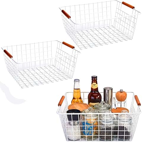 Set of 3 Large White Wire Storage Baskets with Wooden Handles
