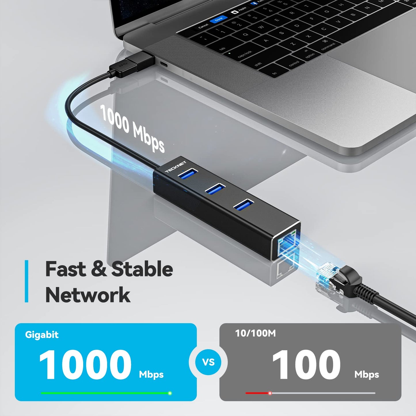 USB to Ethernet Adapter, USB C to Ethernet, Aluminum 3 Port USB 3.0 Hub with RJ45 10/100/1000 Gigabit Ethernet Adapter Converter LAN Wired, USB Network Adapter with USB C Adapter for Laptop