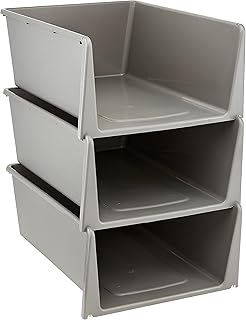 Set of 3 Stackable Open Front Storage Bins in Grey